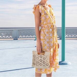 LILLA P Yellow Floral Ruffle flutter Sleeve Tie Wrap Cotton MIDI Dress S Indie